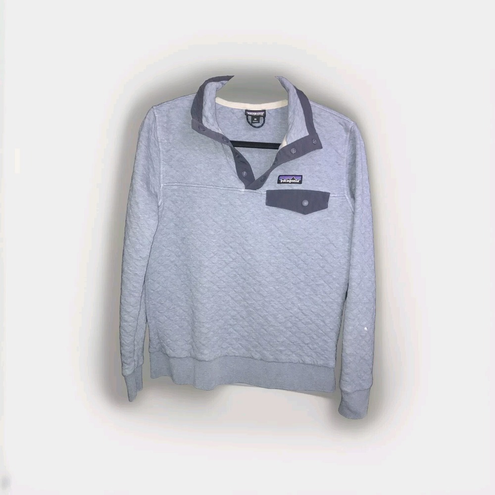 Patagonia Sweater Pullover Quilt Snap T Womens XS Navy Blue Grey Organic Cotton*